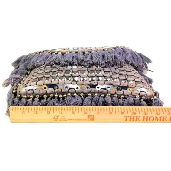 ibBan GRAY BEADED SEQUINS COTTON FLAP FRINGE X-BODY SHOULDER BAG HANDBAG PURSE - Picture 11 of 14